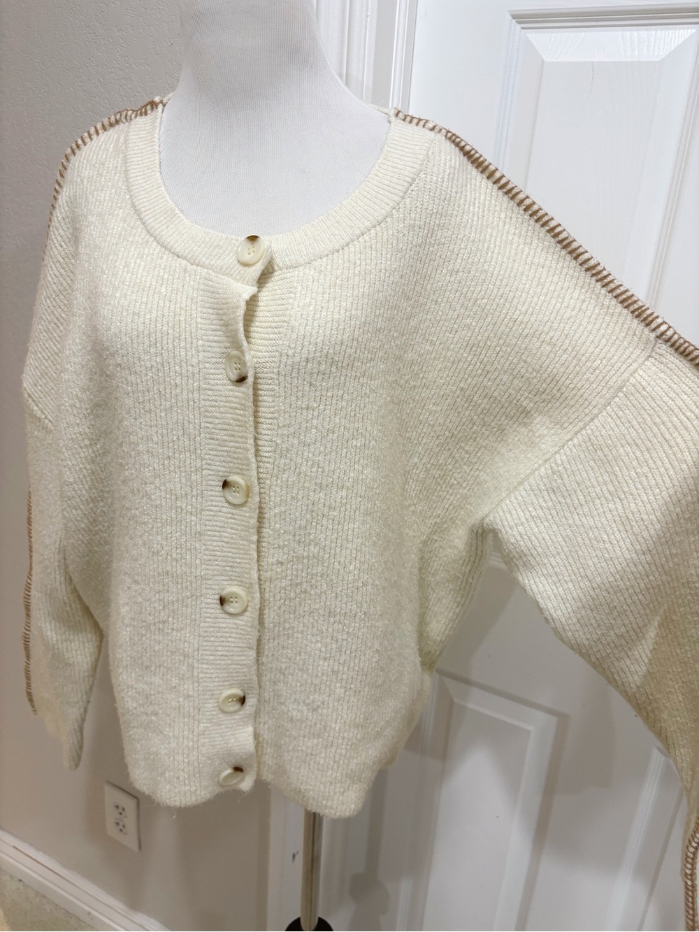 Anthropologie Pilcro Cream Knit Button-Front Whipstitch Cardigan Sweater Small - Picture 4 of 8